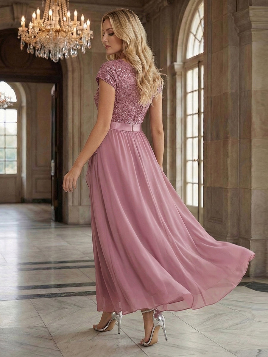 Deep V-Neck Chiffon Cap Sleeve Evening Dress #color_Purple Orchid