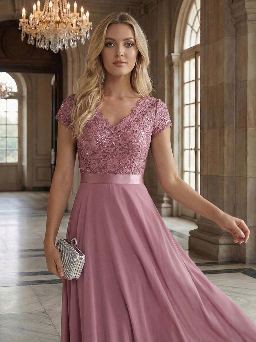 Deep V-Neck Chiffon Cap Sleeve Evening Dress #color_Purple Orchid