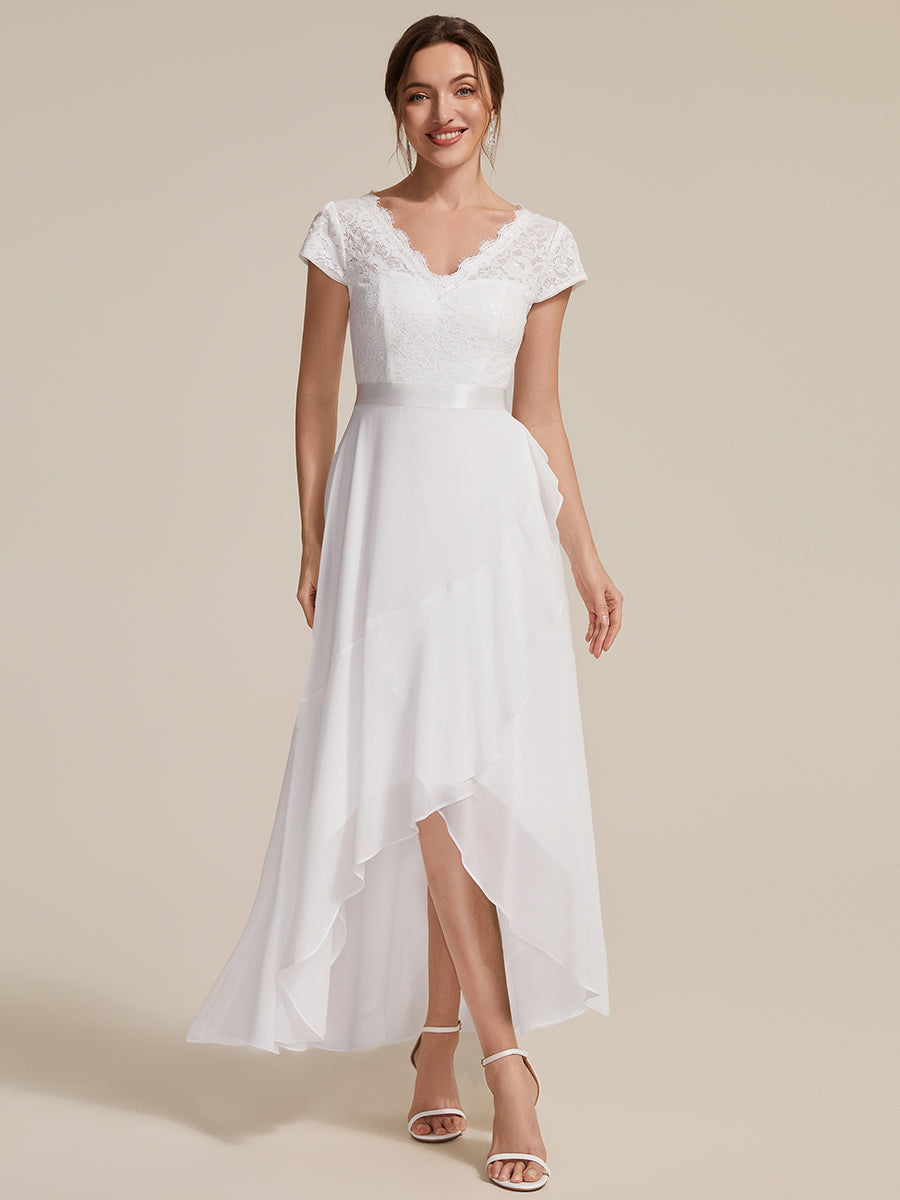 Deep V-Neck Chiffon Cap Sleeve Evening Dress #color_White