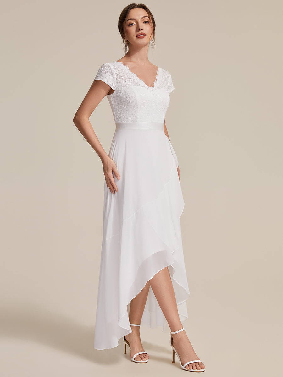 Deep V-Neck Chiffon Cap Sleeve Evening Dress #color_White