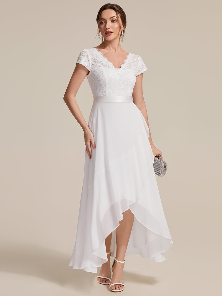 Deep V-Neck Chiffon Cap Sleeve Evening Dress #color_White