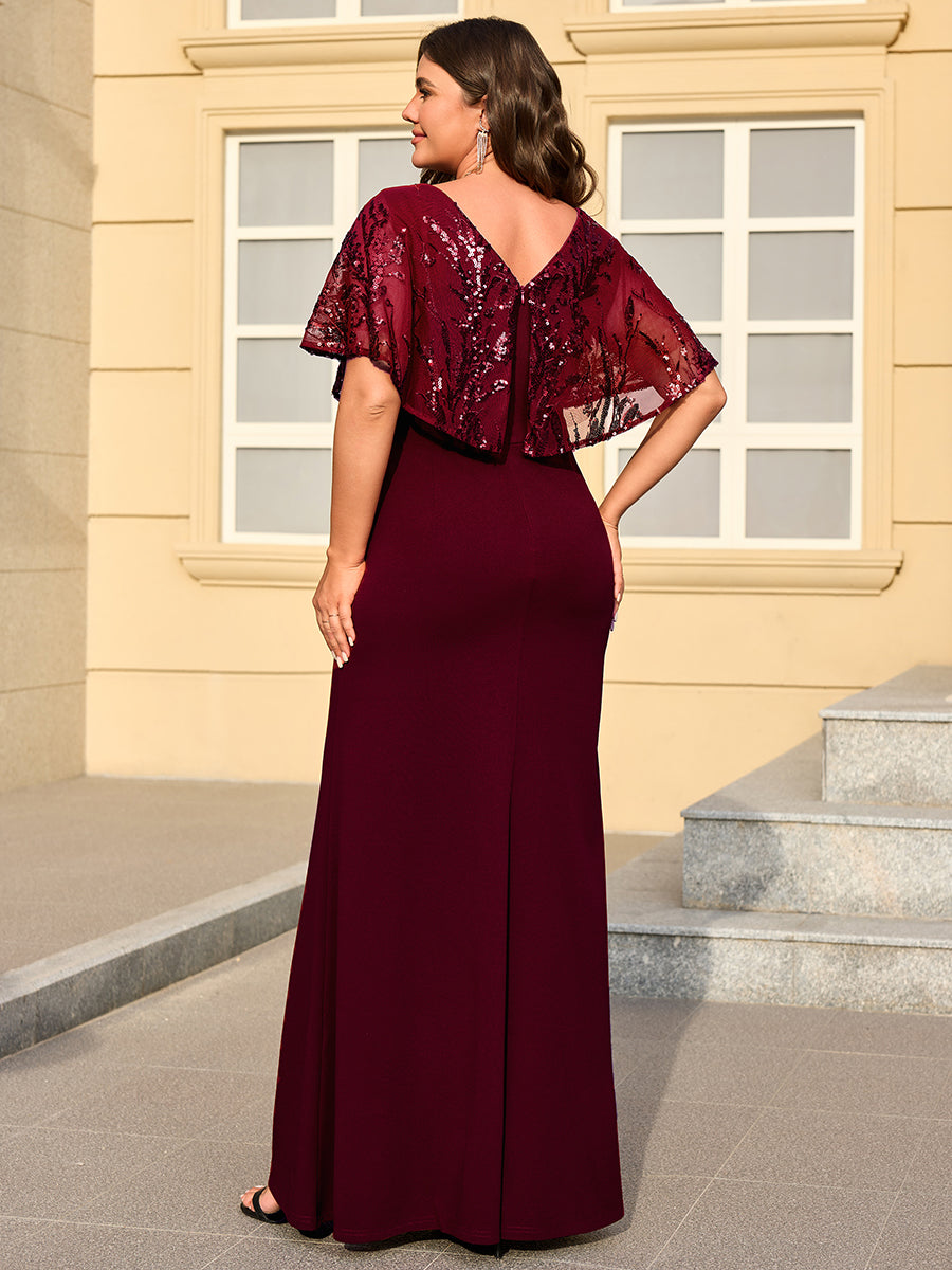 Plus Size Double V-Neck Sequin Batwing Sleeve Evening Dress #color_Burgundy
