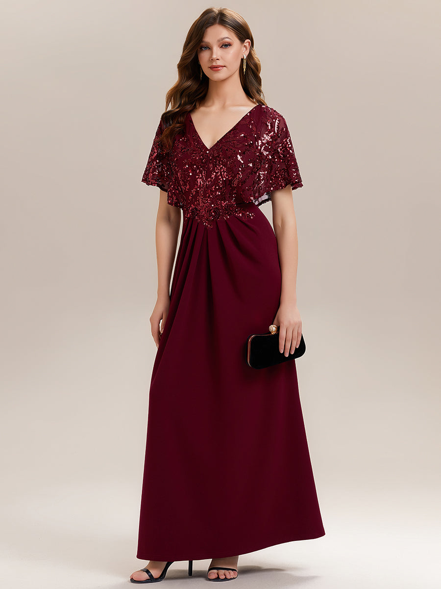 Double V-Neck Sequin Batwing Sleeve Evening Dress #color_Burgundy