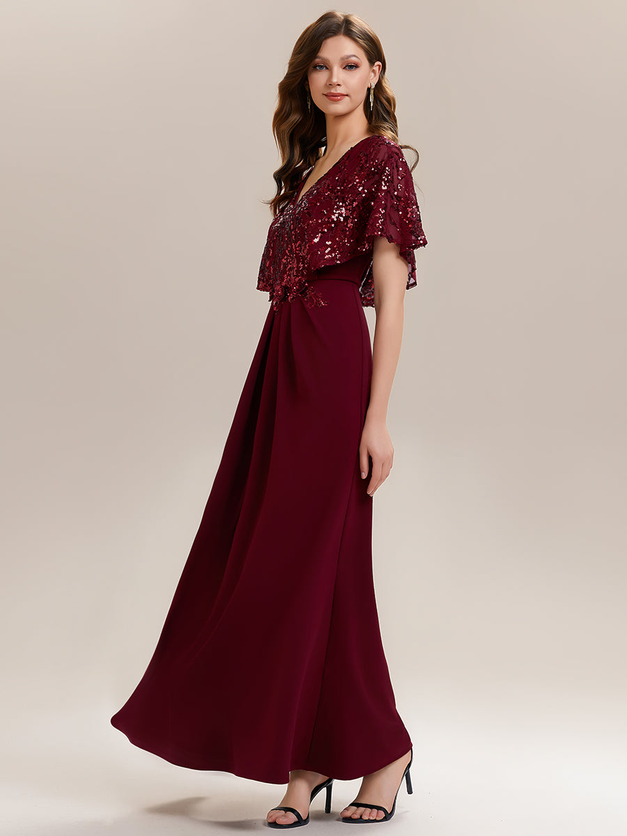 Double V-Neck Sequin Batwing Sleeve Evening Dress #color_Burgundy