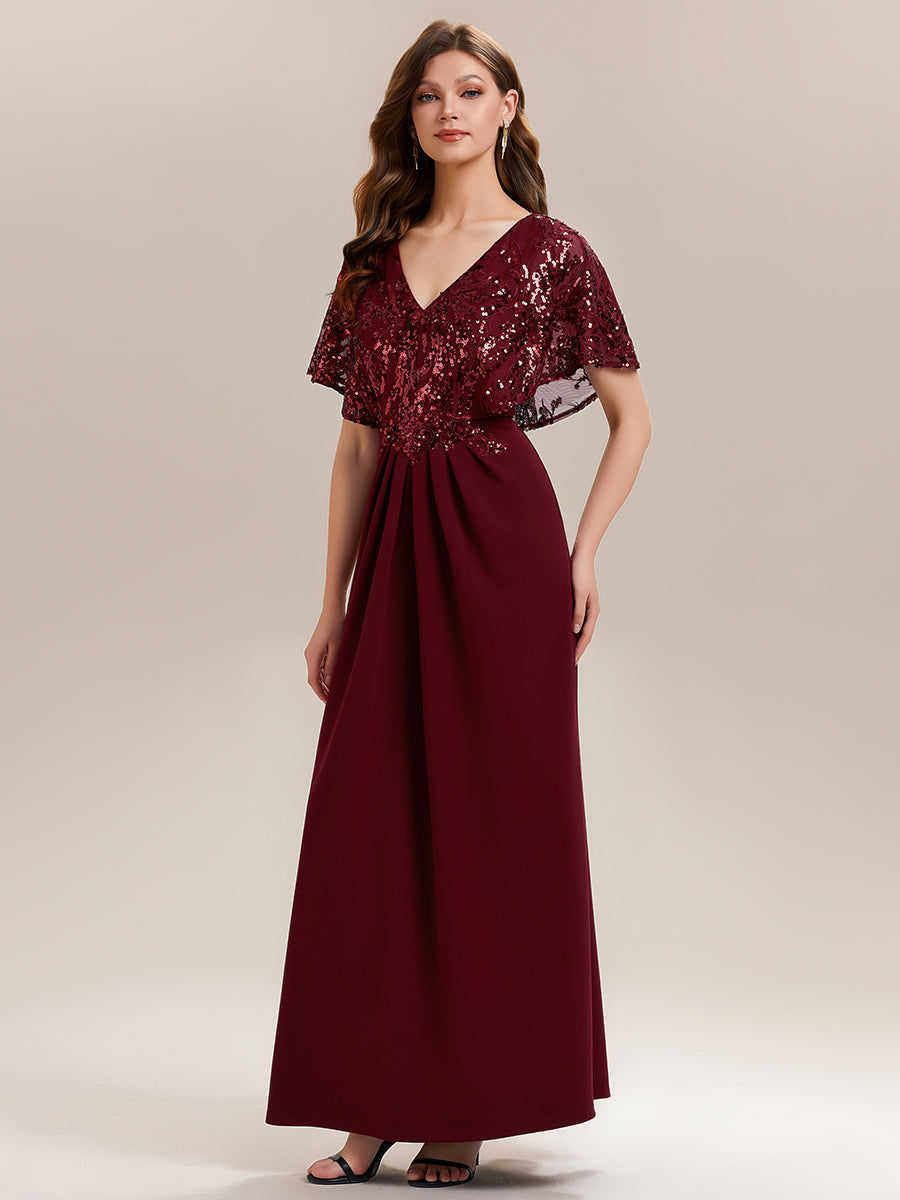 Double V-Neck Sequin Batwing Sleeve Evening Dress #color_Burgundy
