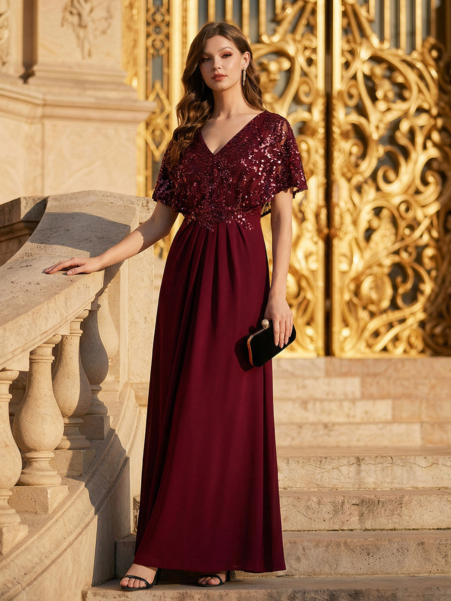 Double V-Neck Sequin Batwing Sleeve Evening Dress #color_Burgundy