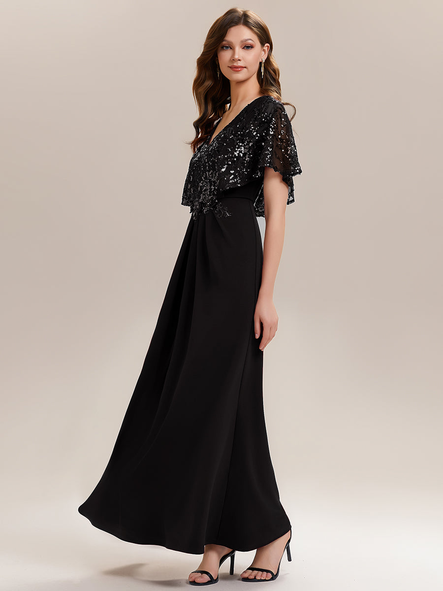 Double V-Neck Sequin Batwing Sleeve Evening Dress #color_Black