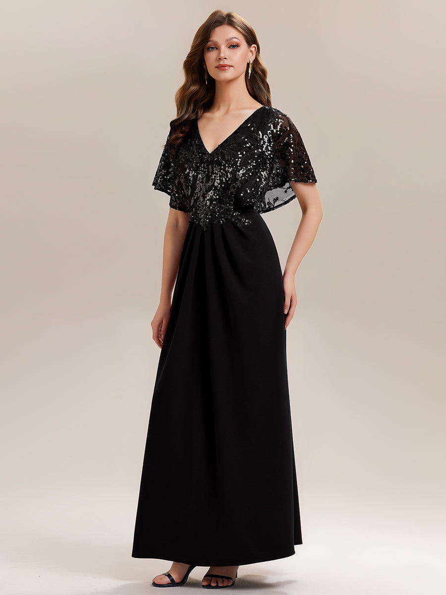 Double V-Neck Sequin Batwing Sleeve Evening Dress #color_Black
