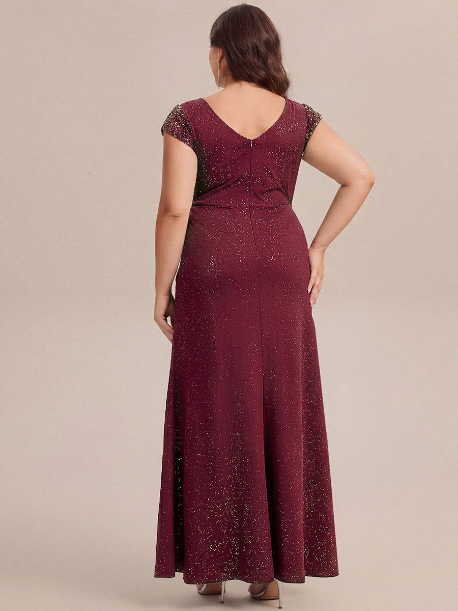 Knotted Knit Cap Sleeve Maxi Glitter Evening Dress #color_Burgundy