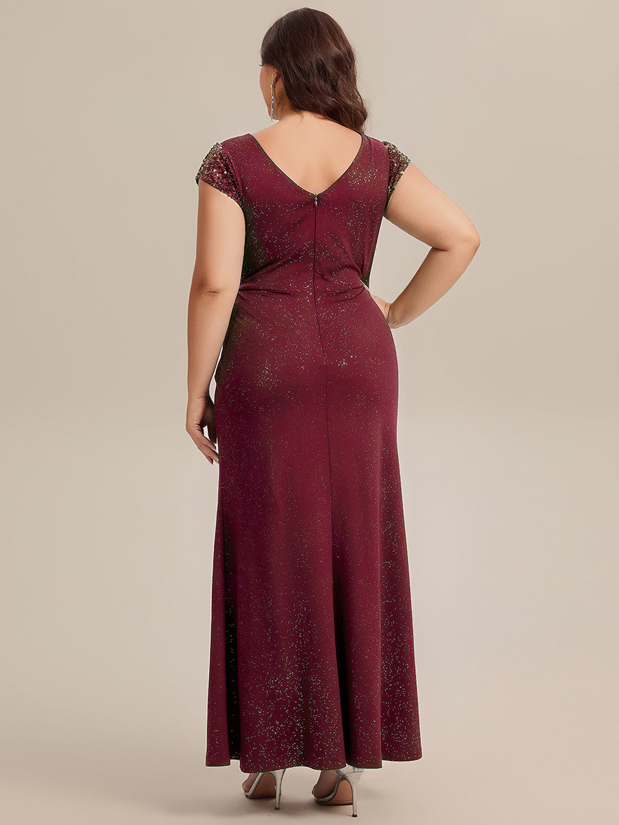 Plus Size Knotted Knit Cap Sleeve Maxi Glitter Evening Dress #color_Burgundy