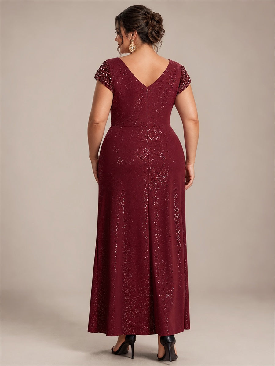 Plus Size Knotted Knit Cap Sleeve Maxi Glitter Evening Dress #color_Burgundy