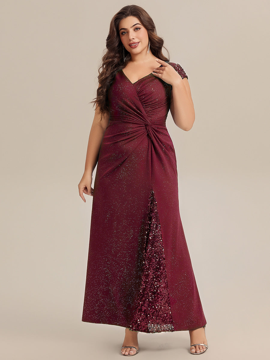 Plus Size Knotted Knit Cap Sleeve Maxi Glitter Evening Dress #color_Burgundy