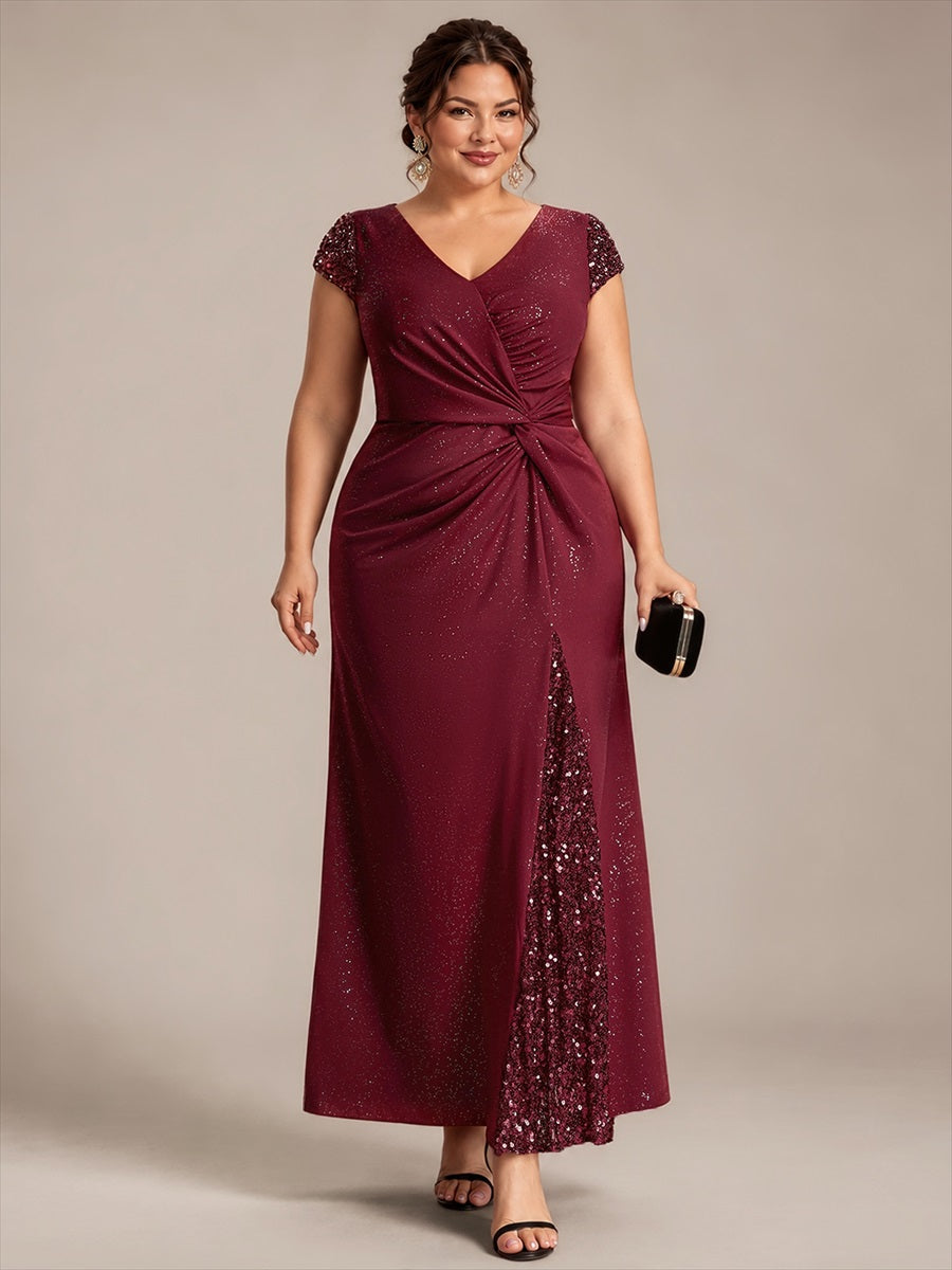 Plus Size Knotted Knit Cap Sleeve Maxi Glitter Evening Dress #color_Burgundy