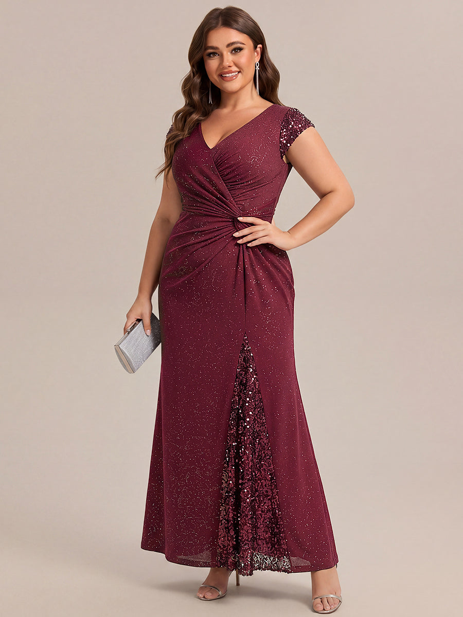 Knotted Knit Cap Sleeve Maxi Glitter Evening Dress #color_Burgundy