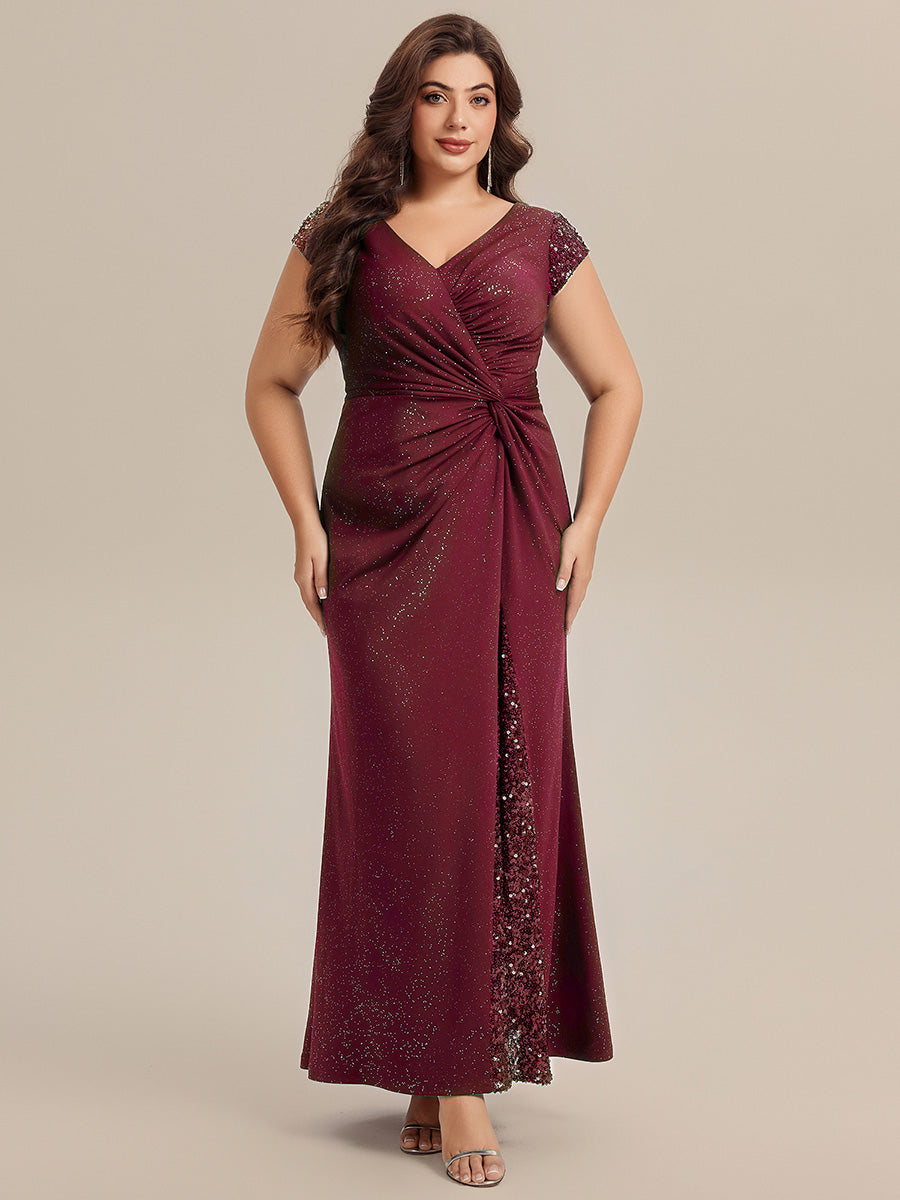 Knotted Knit Cap Sleeve Maxi Glitter Evening Dress #color_Burgundy