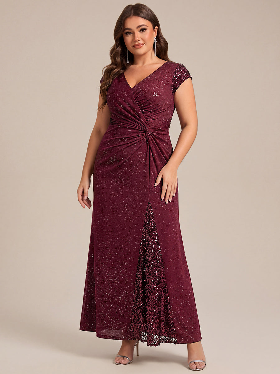 Knotted Knit Cap Sleeve Maxi Glitter Evening Dress #color_Burgundy