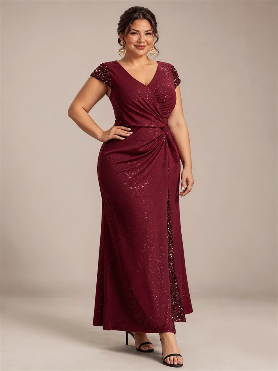 Knotted Knit Cap Sleeve Maxi Glitter Evening Dress #color_Burgundy
