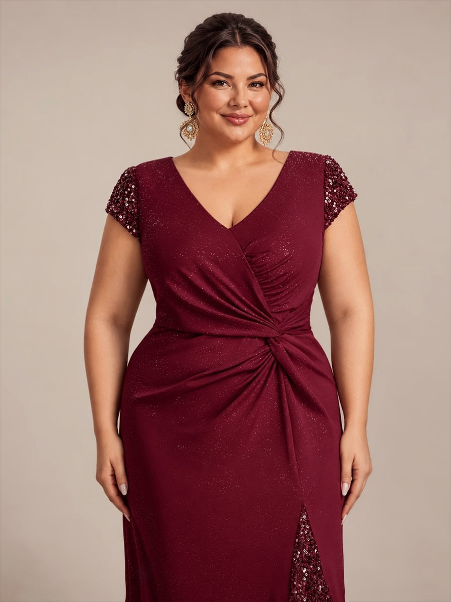 Plus Size Knotted Knit Cap Sleeve Maxi Glitter Evening Dress #color_Burgundy