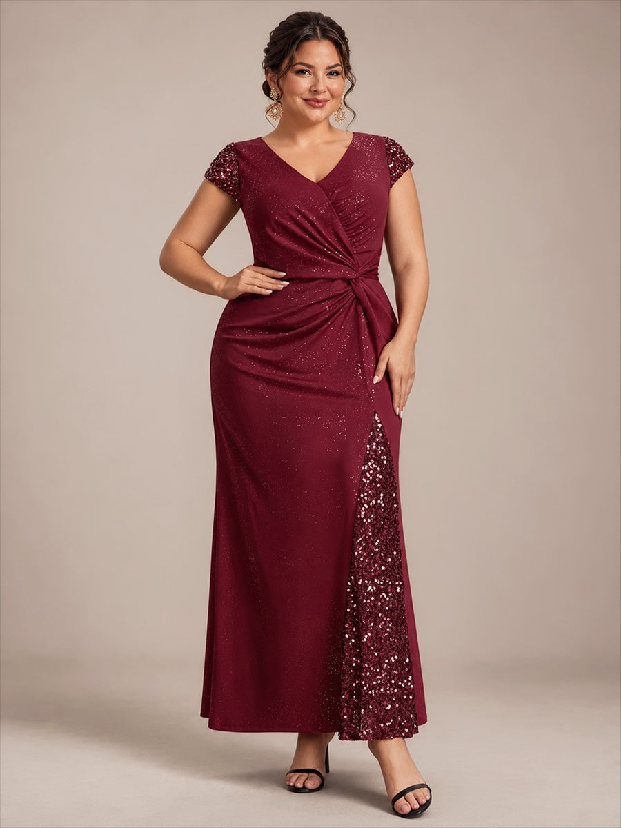 Plus Size Knotted Knit Cap Sleeve Maxi Glitter Evening Dress #color_Burgundy