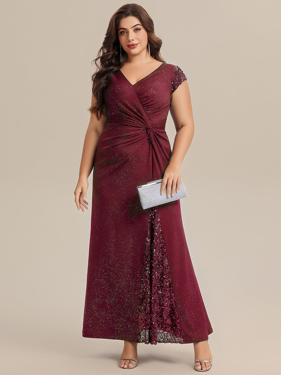 Knotted Knit Cap Sleeve Maxi Glitter Evening Dress #color_Burgundy