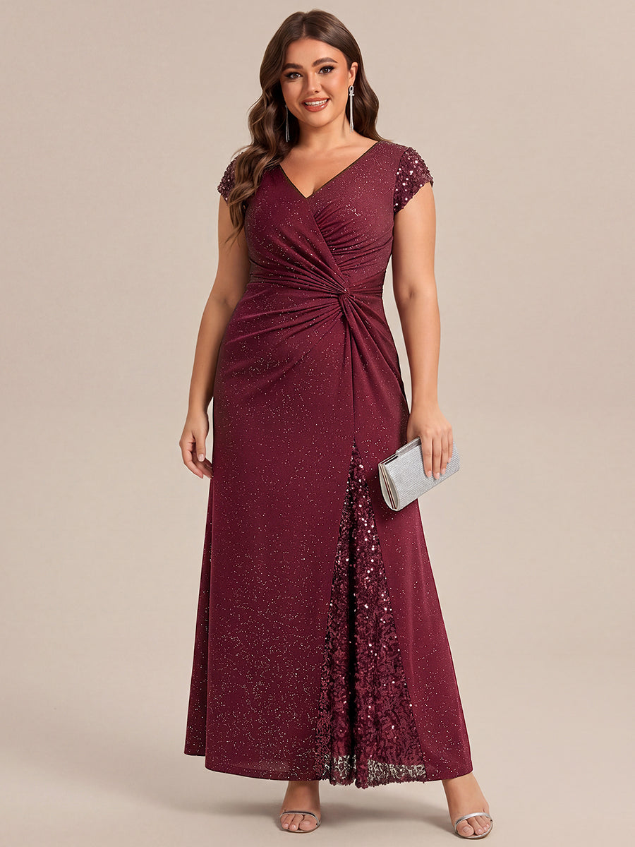 Knotted Knit Cap Sleeve Maxi Glitter Evening Dress #color_Burgundy