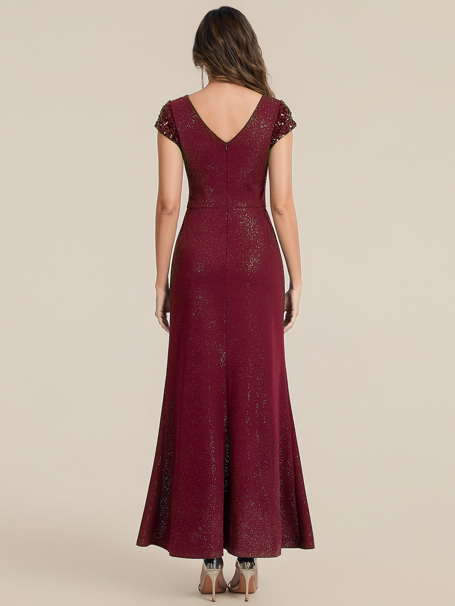 Knotted Knit Cap Sleeve Maxi Glitter Evening Dress #color_Burgundy
