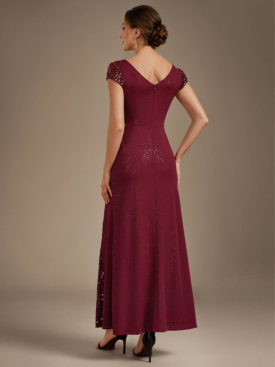 Knotted Knit Cap Sleeve Maxi Glitter Evening Dress #color_Burgundy