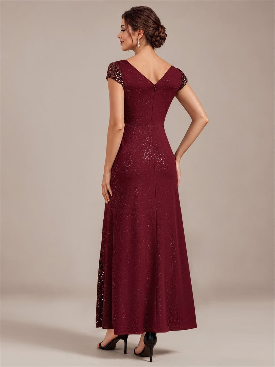 Knotted Knit Cap Sleeve Maxi Glitter Evening Dress #color_Burgundy