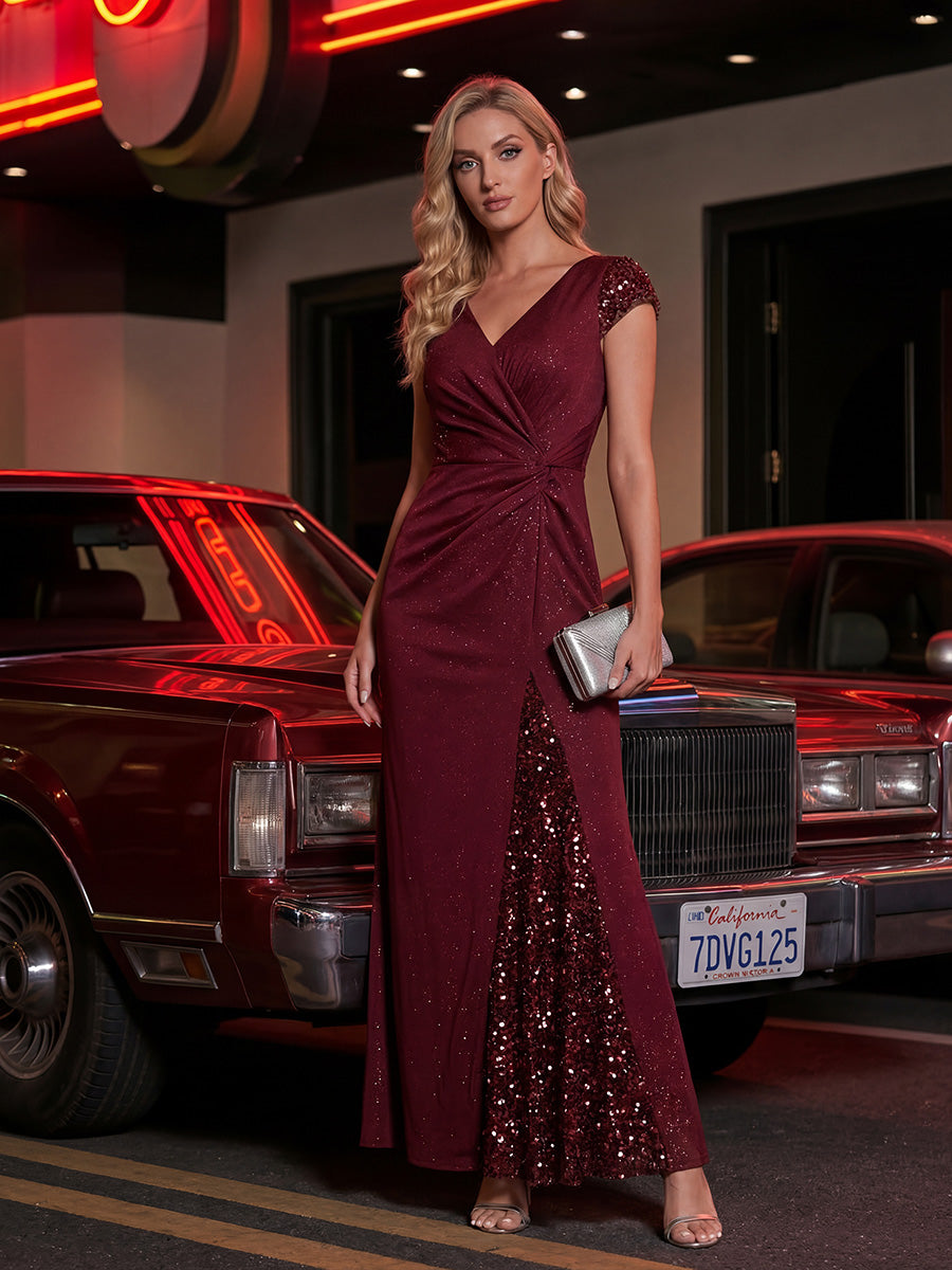 Knotted Knit Cap Sleeve Maxi Glitter Evening Dress #color_Burgundy