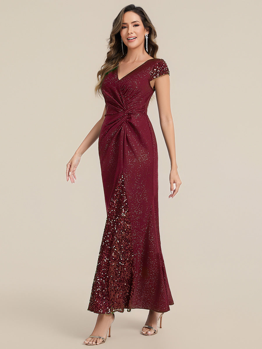 Knotted Knit Cap Sleeve Maxi Glitter Evening Dress #color_Burgundy