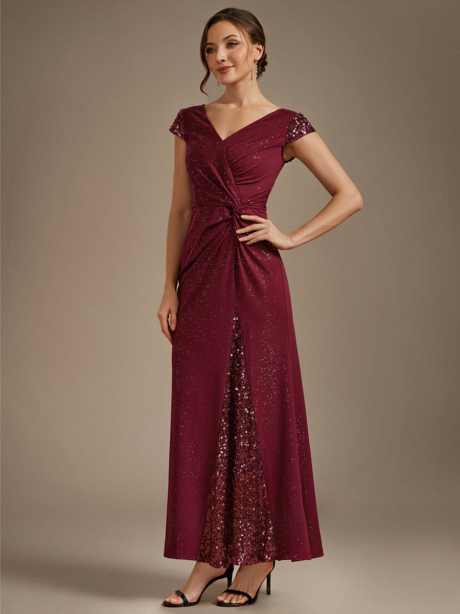 Knotted Knit Cap Sleeve Maxi Glitter Evening Dress #color_Burgundy