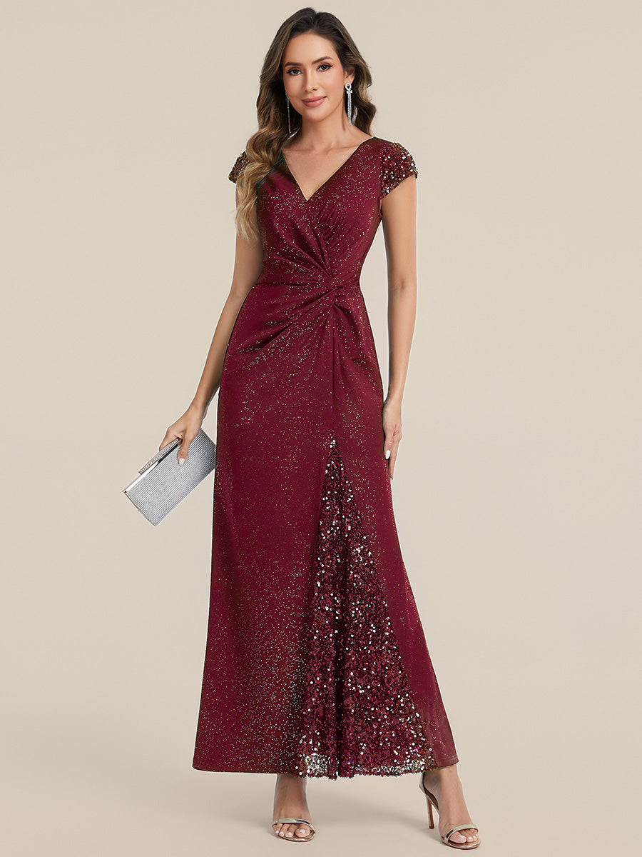 Knotted Knit Cap Sleeve Maxi Glitter Evening Dress #color_Burgundy