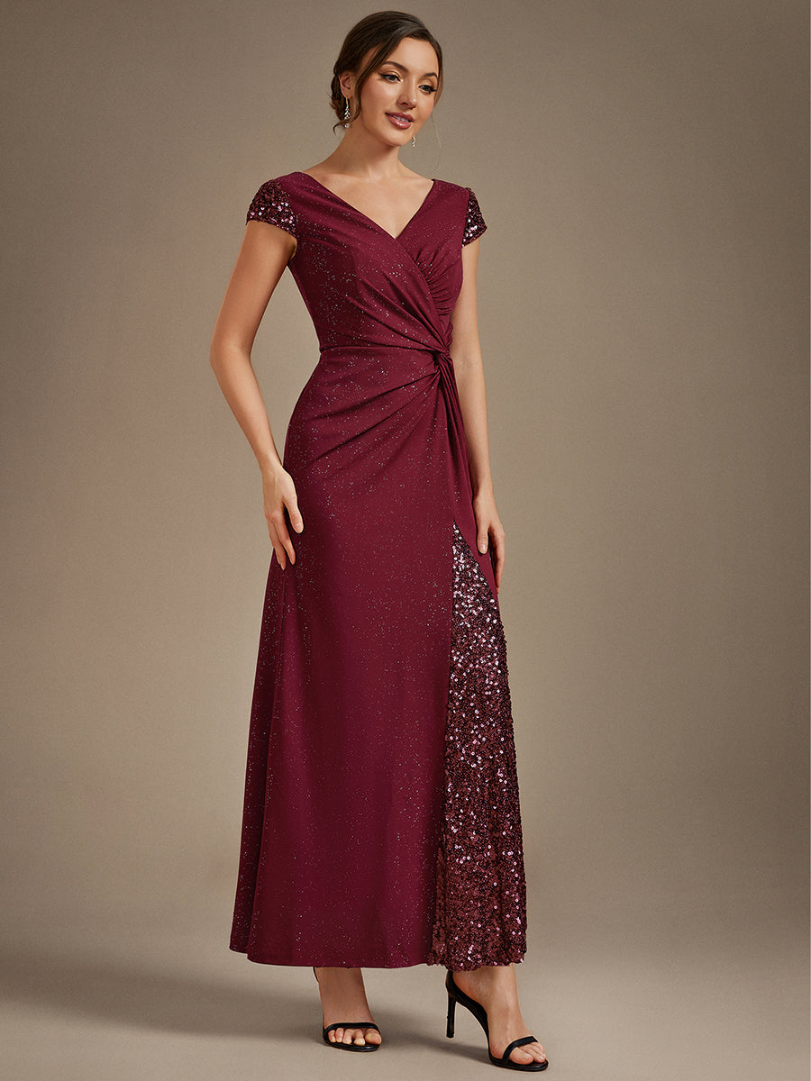 Knotted Knit Cap Sleeve Maxi Glitter Evening Dress #color_Burgundy