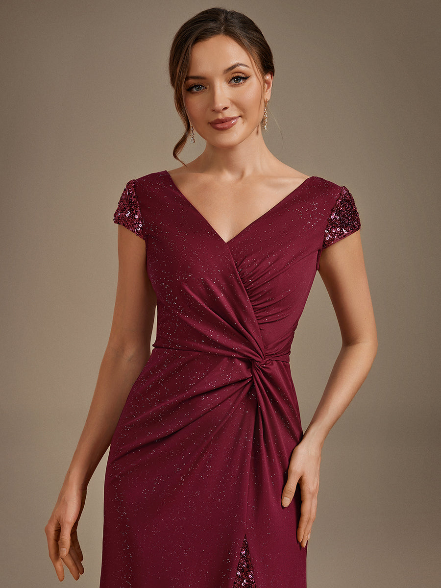 Knotted Knit Cap Sleeve Maxi Glitter Evening Dress #color_Burgundy