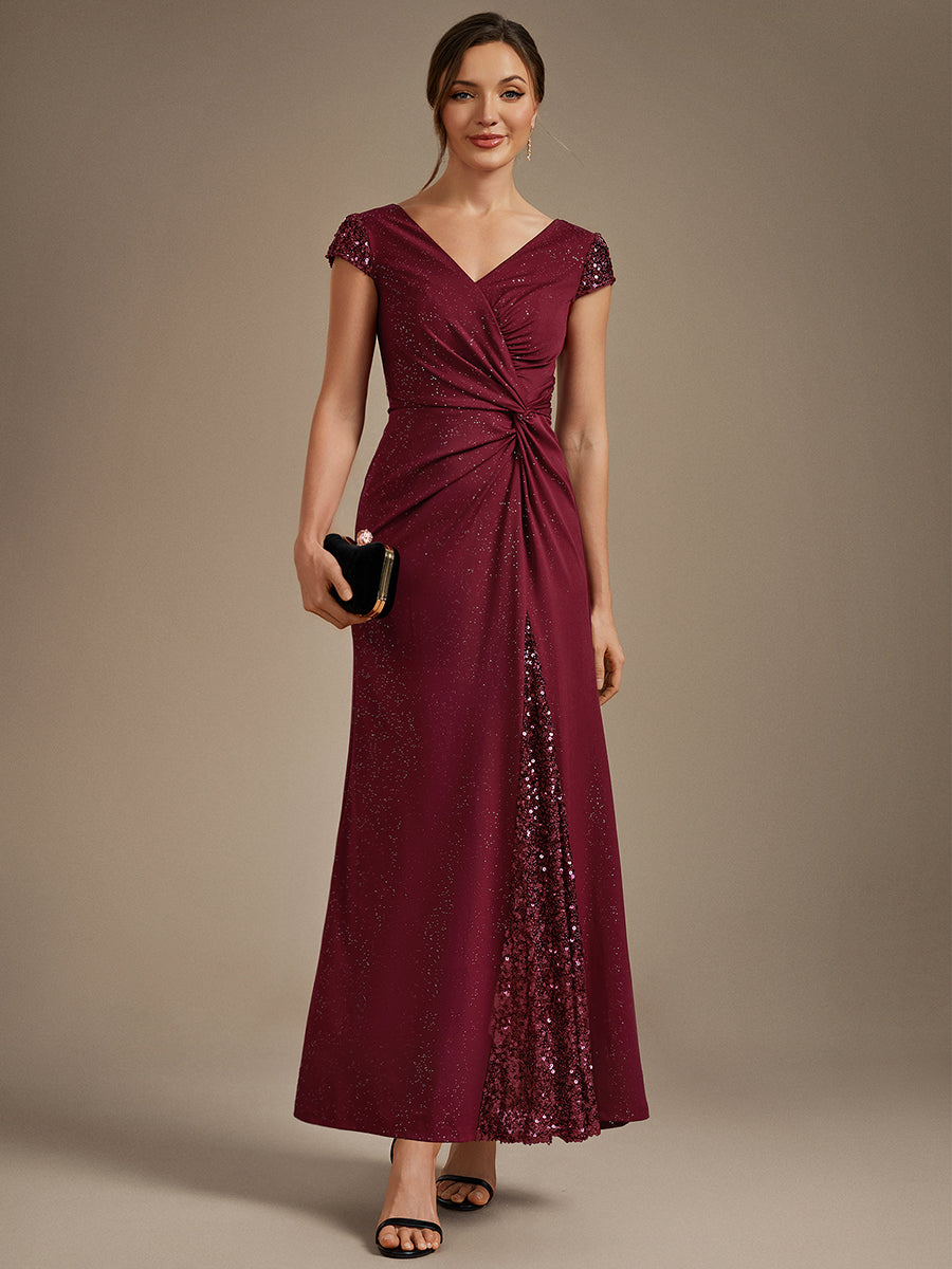 Knotted Knit Cap Sleeve Maxi Glitter Evening Dress #color_Burgundy