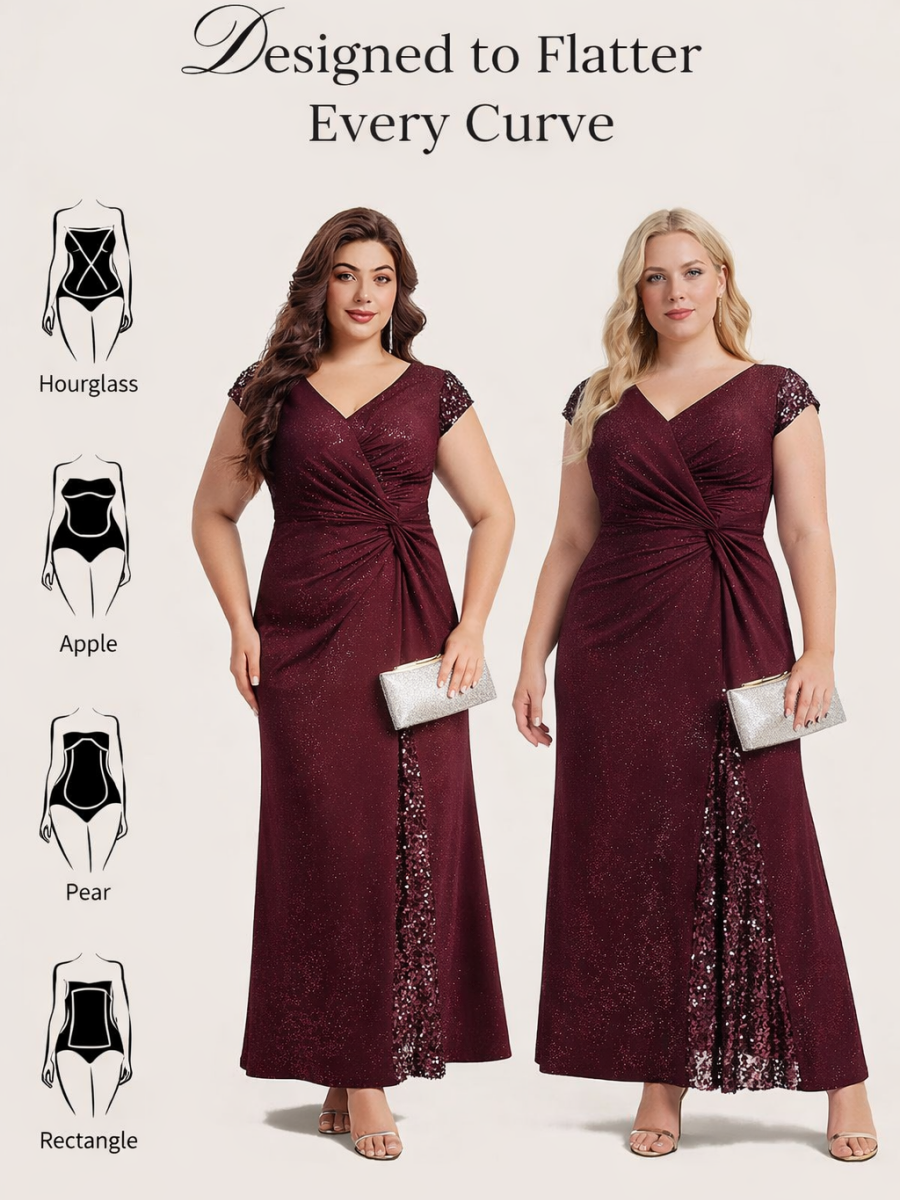 Knotted Knit Cap Sleeve Maxi Glitter Evening Dress #color_Burgundy