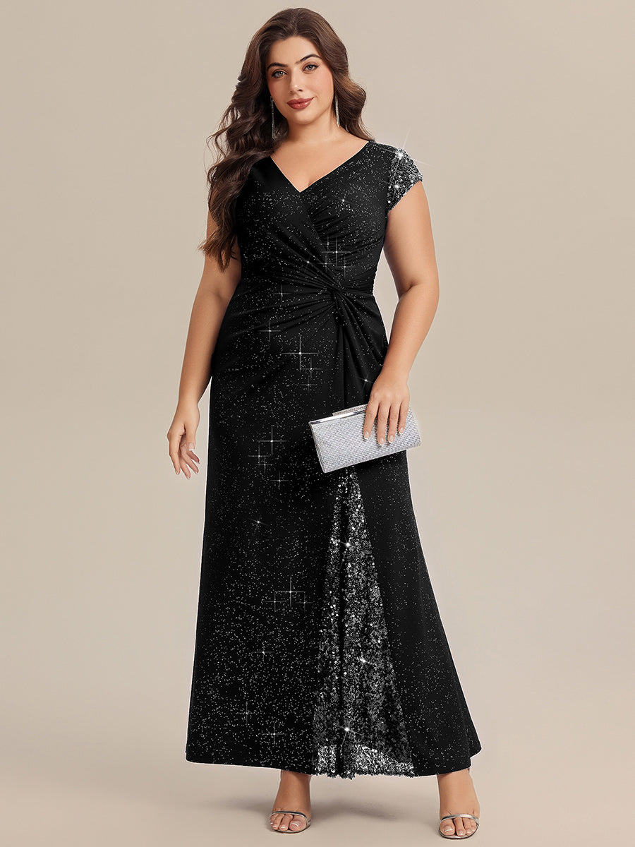 Knotted Knit Cap Sleeve Maxi Glitter Evening Dress #color_Black