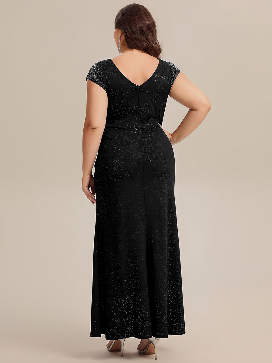 Plus Size Knotted Knit Cap Sleeve Maxi Glitter Evening Dress #color_Black