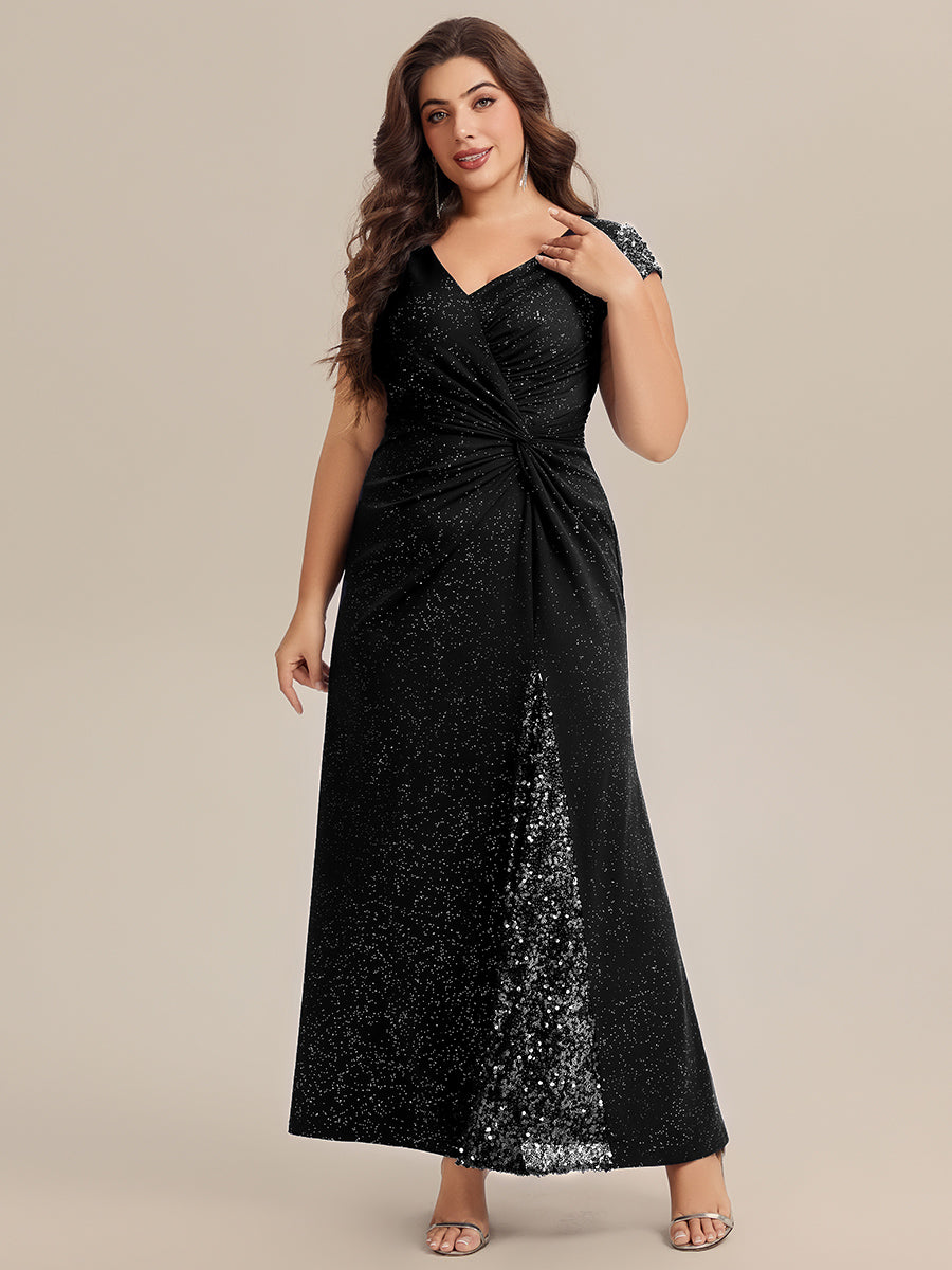 Knotted Knit Cap Sleeve Maxi Glitter Evening Dress #color_Black