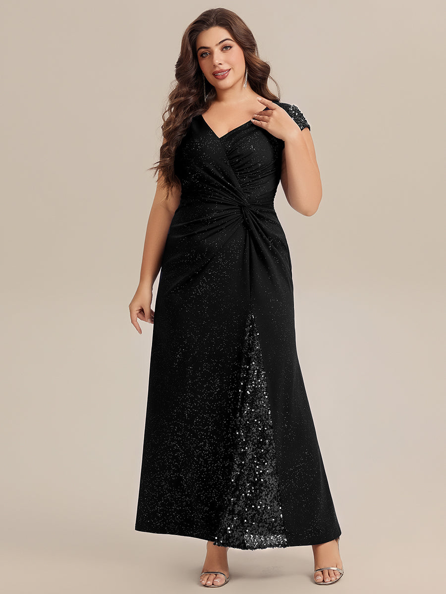 Knotted Knit Cap Sleeve Maxi Glitter Evening Dress #color_Black