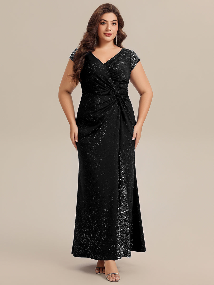 Knotted Knit Cap Sleeve Maxi Glitter Evening Dress #color_Black