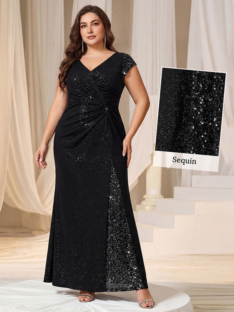 Plus Size Knotted Knit Cap Sleeve Maxi Glitter Evening Dress #color_Black