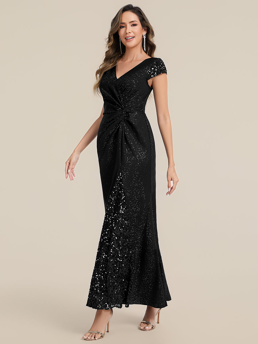 Knotted Knit Cap Sleeve Maxi Glitter Evening Dress #color_Black