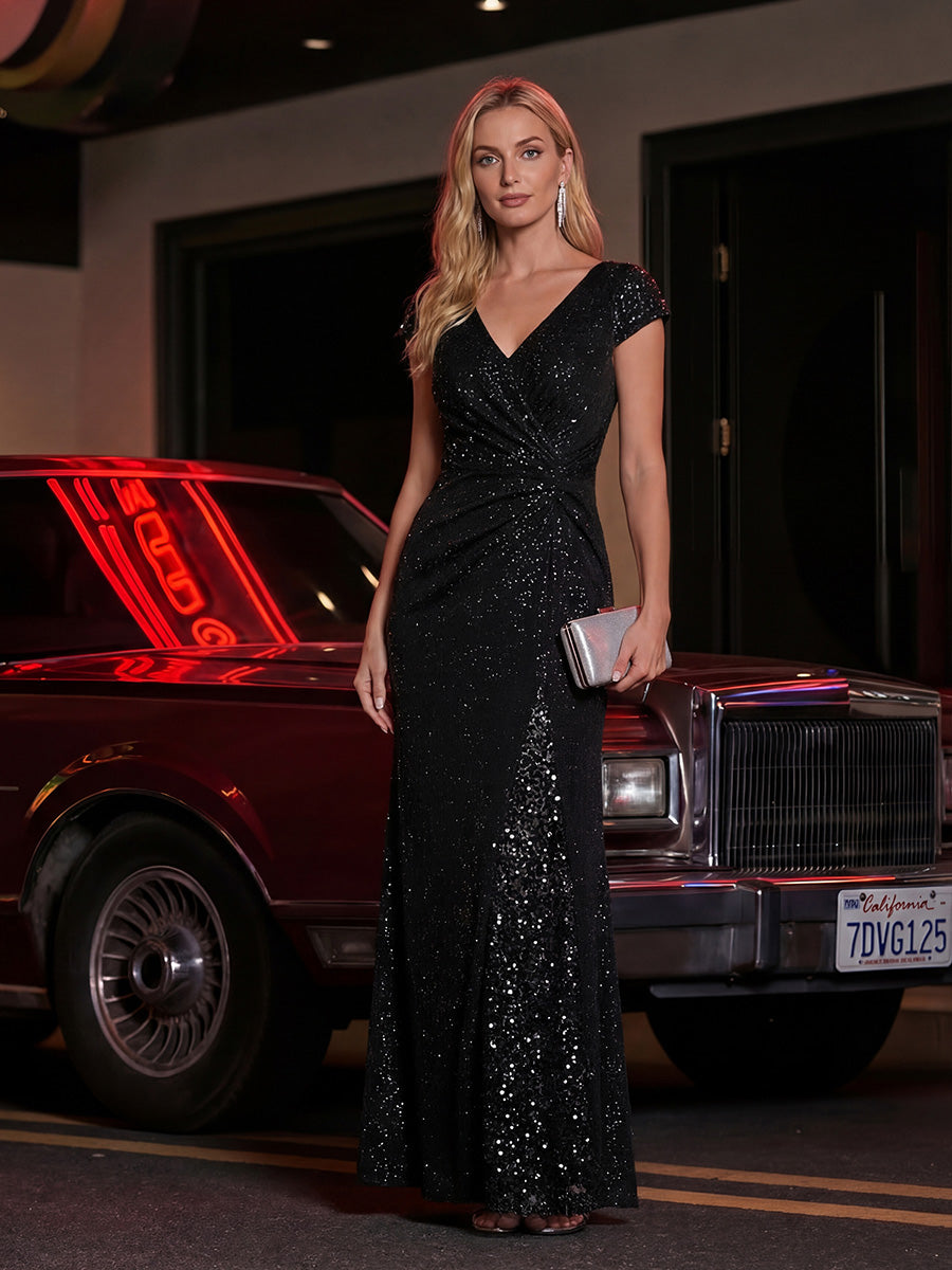 Knotted Knit Cap Sleeve Maxi Glitter Evening Dress #color_Black