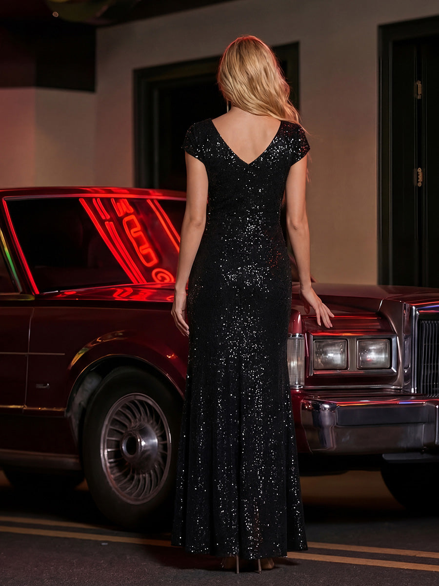 Knotted Knit Cap Sleeve Maxi Glitter Evening Dress #color_Black