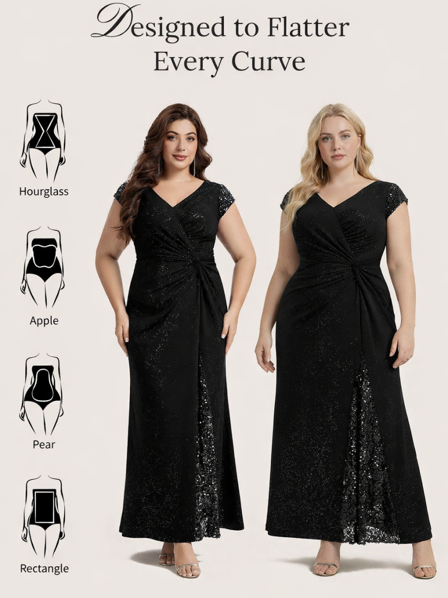 Plus Size Knotted Knit Cap Sleeve Maxi Glitter Evening Dress #color_Black