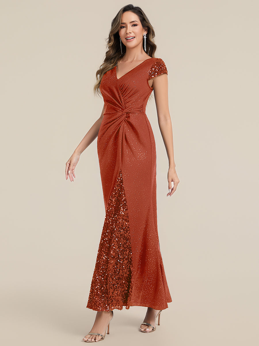 Knotted Knit Cap Sleeve Maxi Glitter Evening Dress #color_Burnt Orange