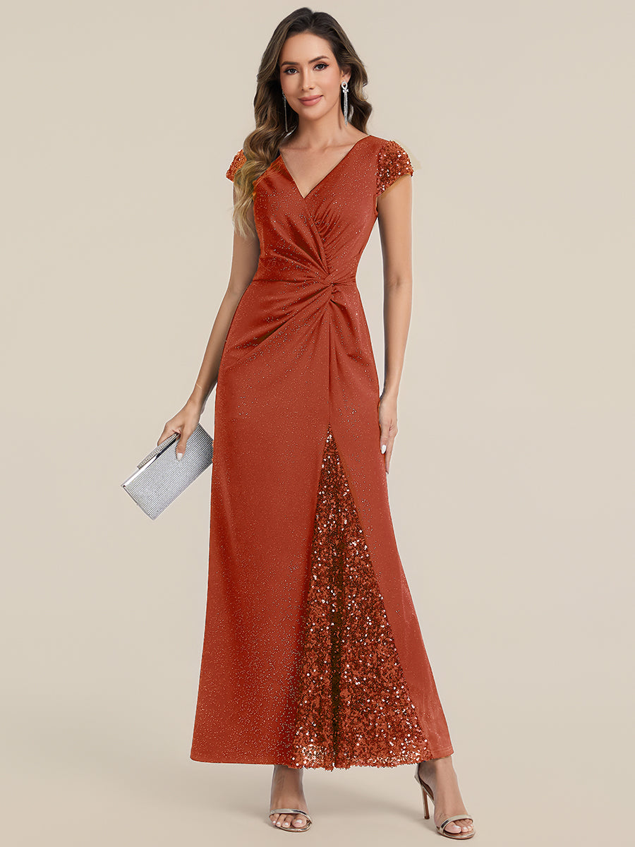 Knotted Knit Cap Sleeve Maxi Glitter Evening Dress #color_Burnt Orange