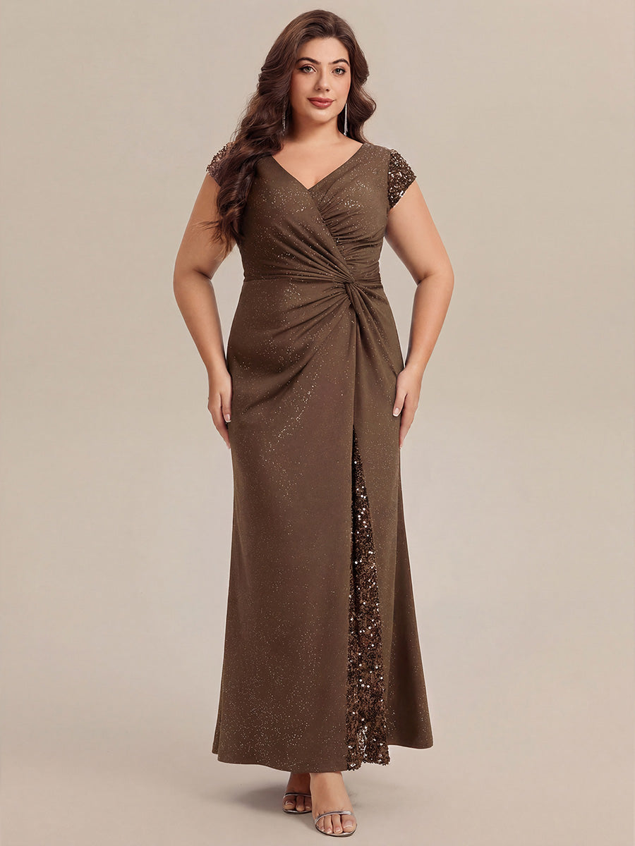 Knotted Knit Cap Sleeve Maxi Glitter Evening Dress #color_Coffee