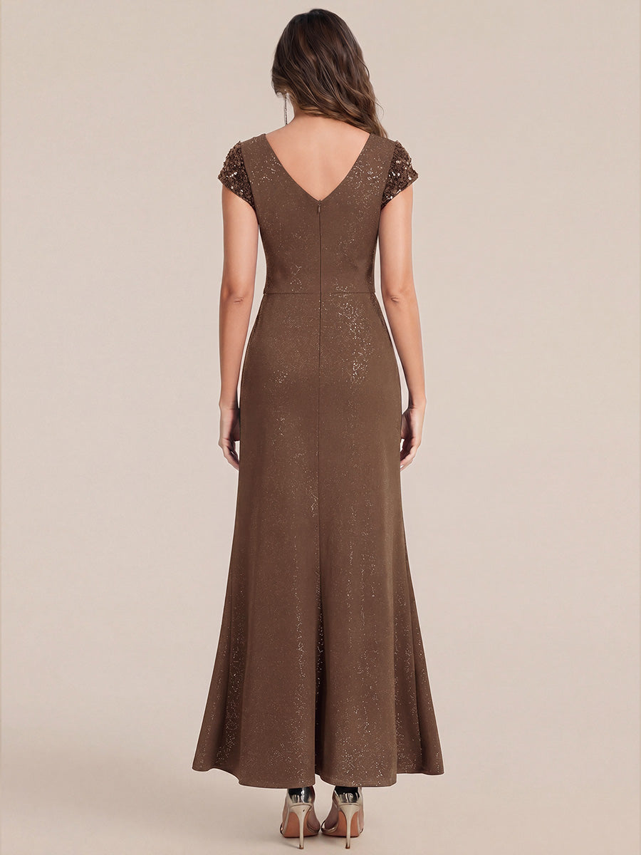 Knotted Knit Cap Sleeve Maxi Glitter Evening Dress #color_Coffee